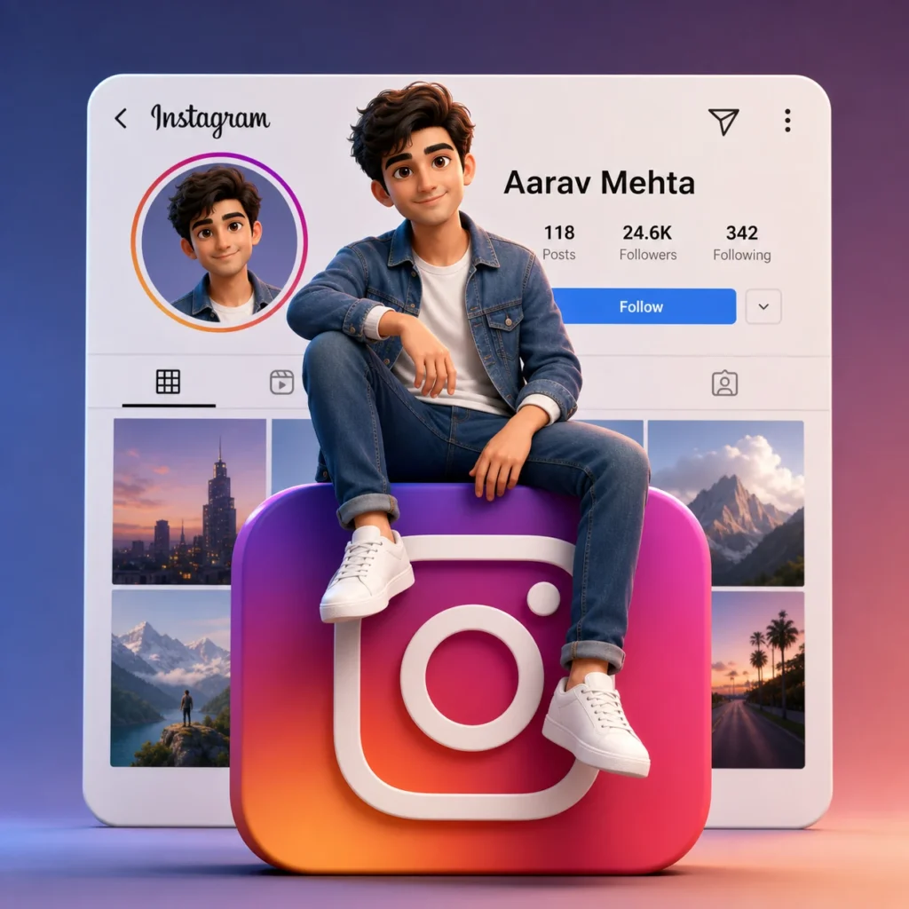 3D animated man in denim sitting on an Instagram-style logo in front of an Aarav Mehta profile screen.