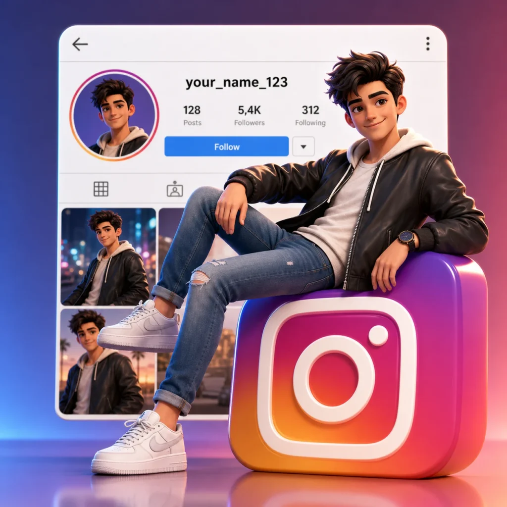 3D animated man sitting on a social-media logo beside a profile page featuring the editable username your_name_123.