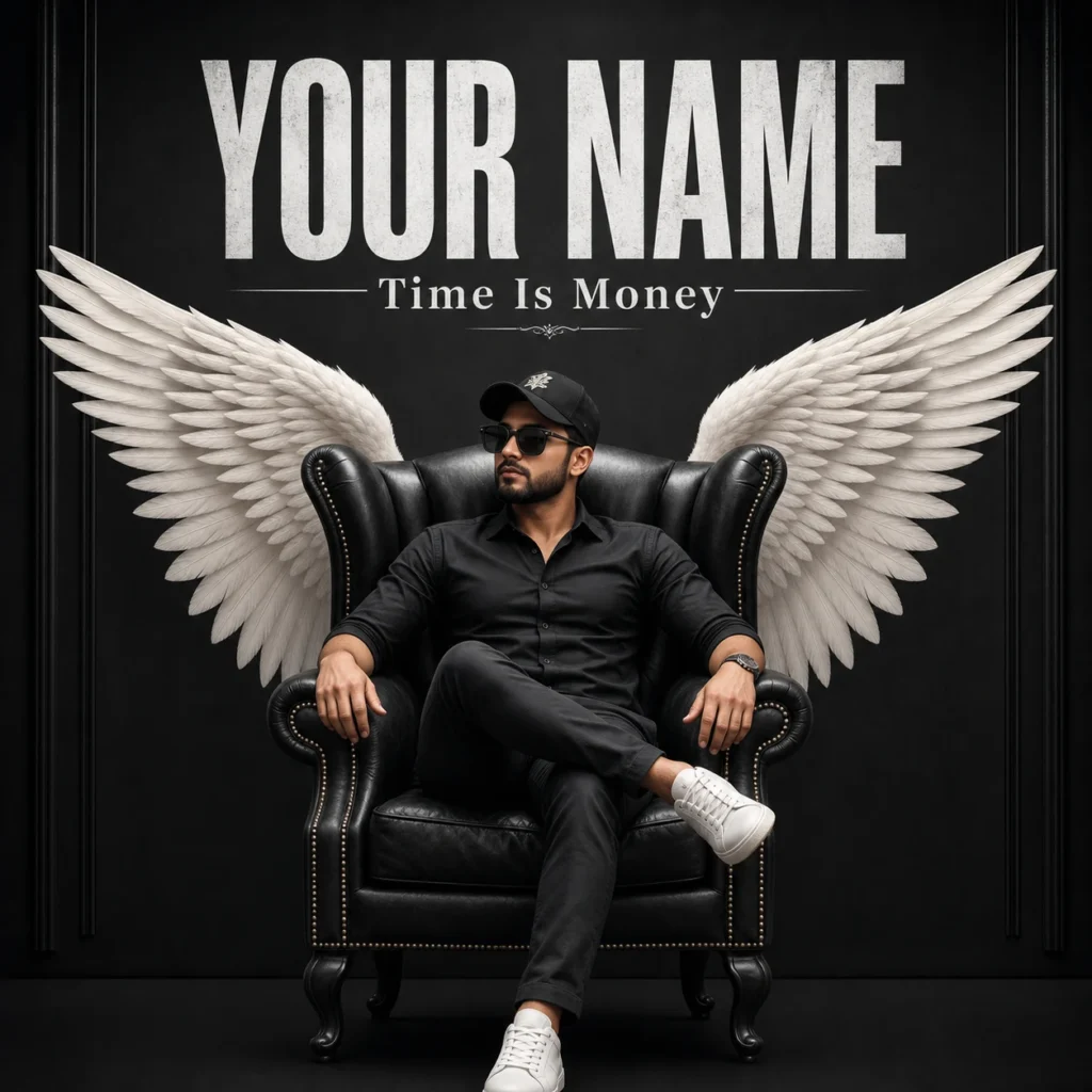 Stylish man dressed in black sitting on a wingback chair with white angel wings and editable YOUR NAME text behind him.