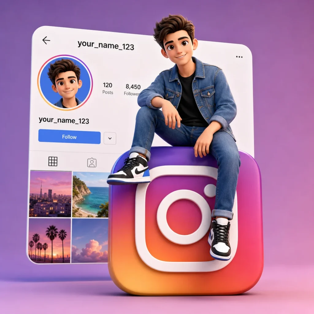Denim-clad 3D character sitting on an Instagram-style logo beside an editable social-media profile.