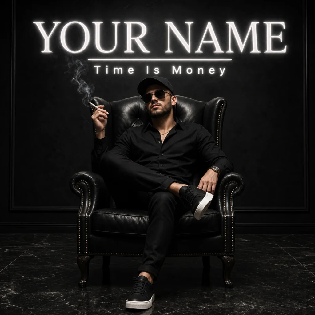 Stylish man in a black outfit sitting on a dark wingback chair with subtle smoke and editable YOUR NAME text.