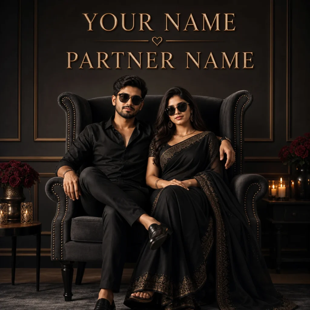 Young couple wearing stylish black outfits and sitting together on a wing chair beneath their editable names.
