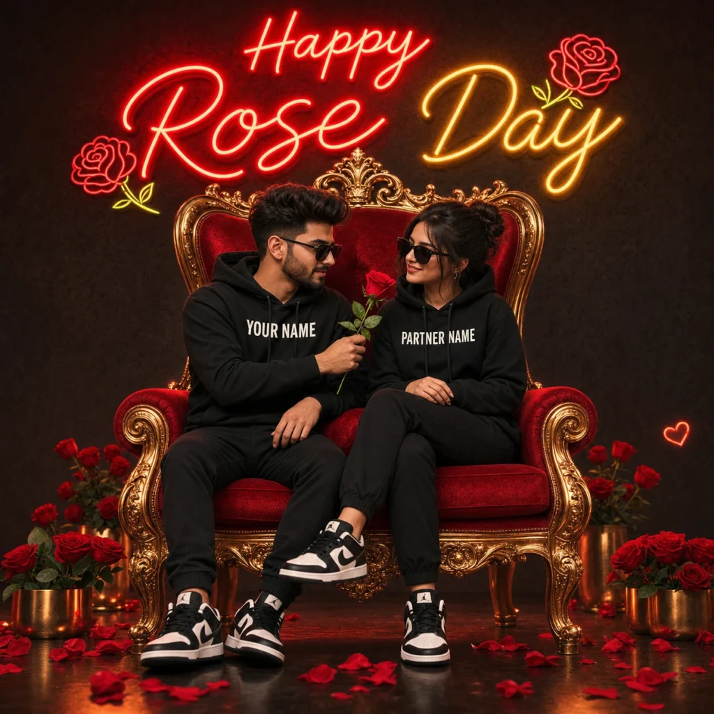 Young couple sitting on a royal throne and sharing a red rose beneath glowing Happy Rose Day text.