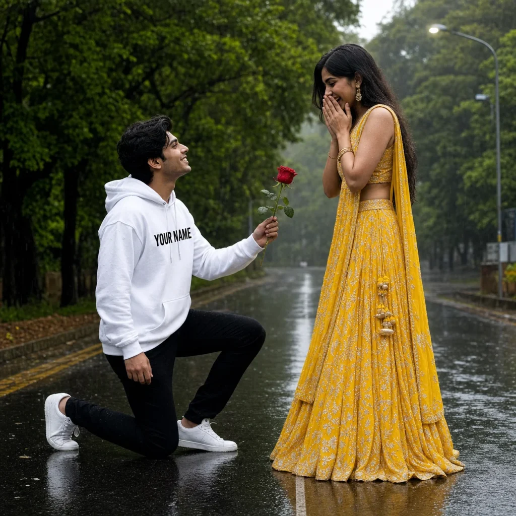 Young Indian man proposing with a red rose to a woman wearing a yellow lehenga on a rainy road.
