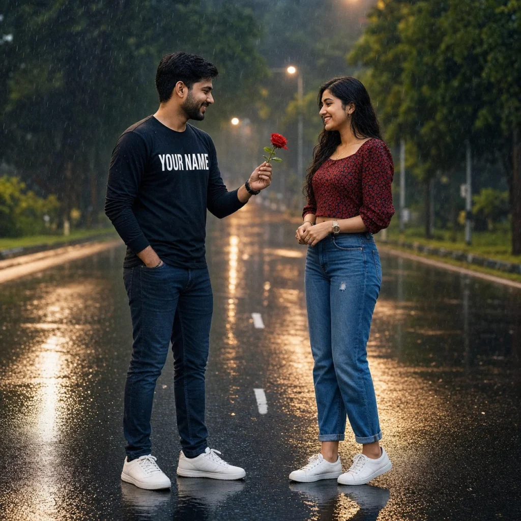 Young Indian couple exchanging a red flower on a rain-wet road, with editable YOUR NAME text on the boy’s shirt.