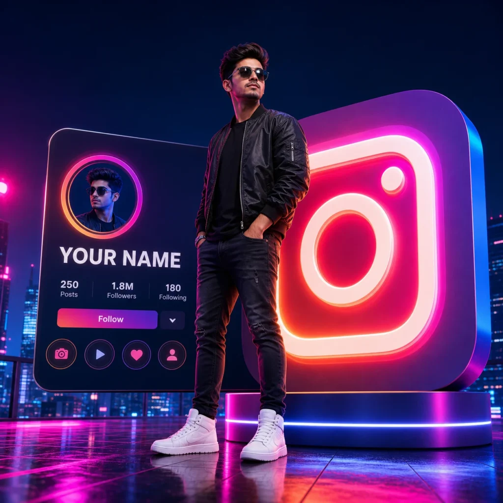 Male content creator standing beside a glowing Instagram-style logo and editable YOUR NAME profile card on a neon rooftop.