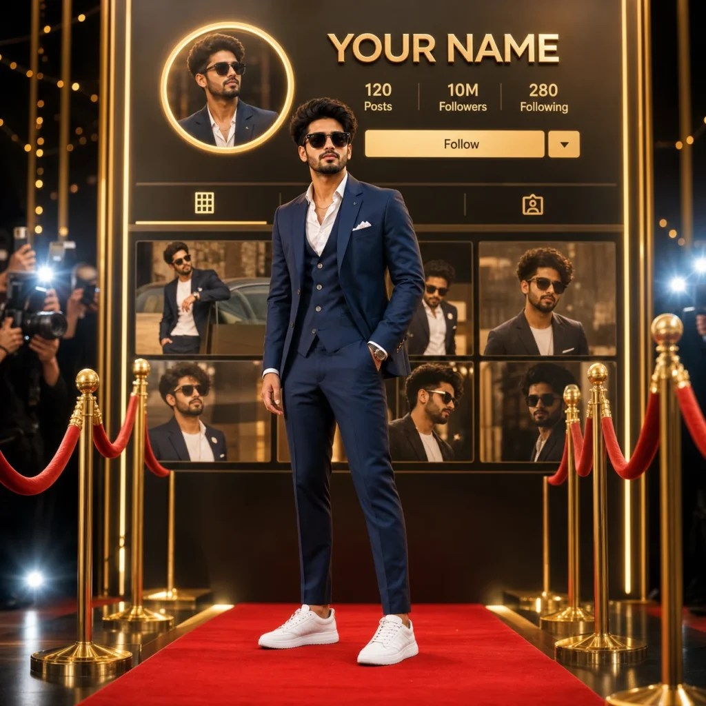 Stylish man in a blue suit standing on a red carpet in front of a luxurious gold YOUR NAME social-media profile wall.