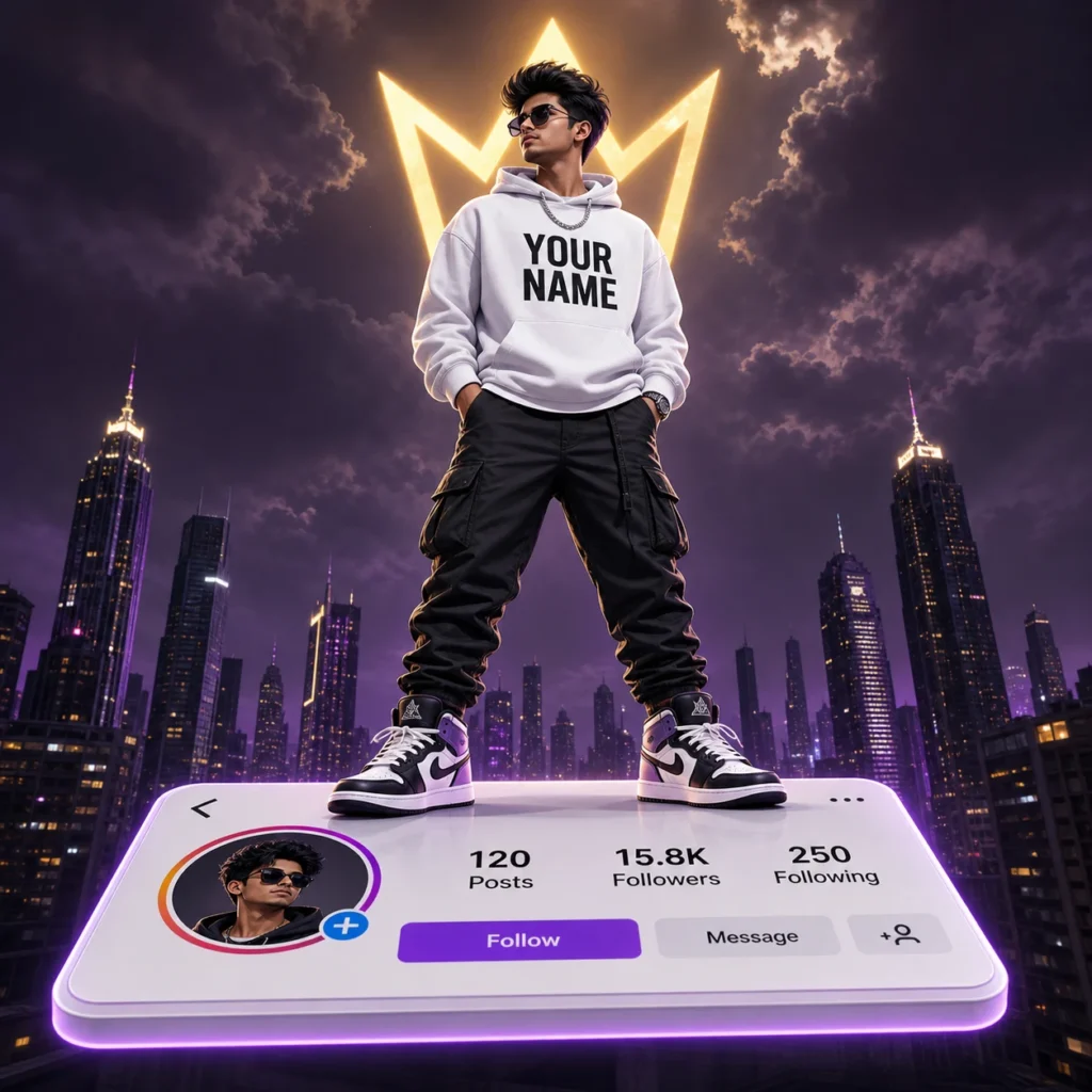 Stylish streetwear character standing on a floating social-media profile card beneath a glowing crown and city skyline.