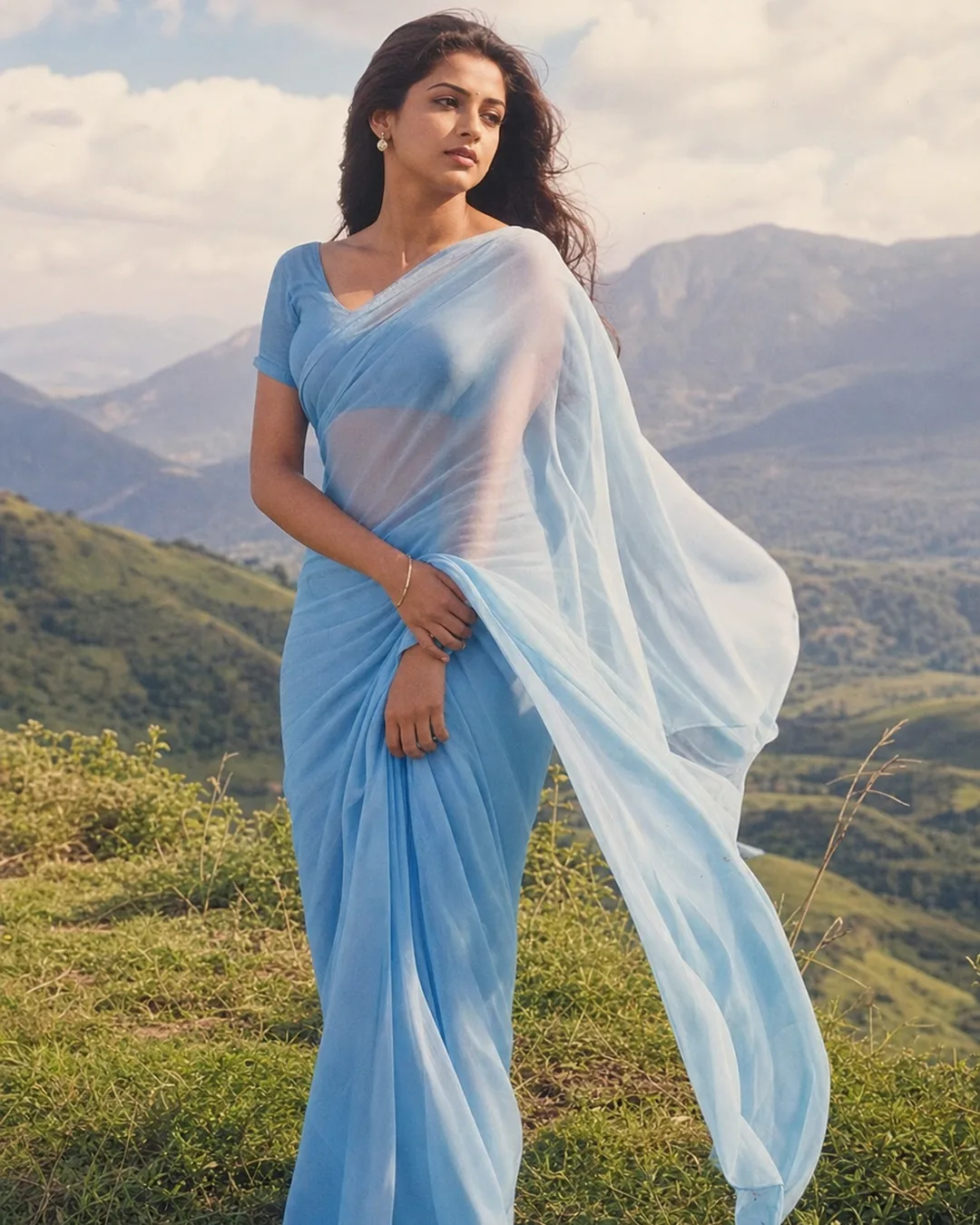 Adult Indian woman in a blue chiffon saree on a Bollywood-style hillside