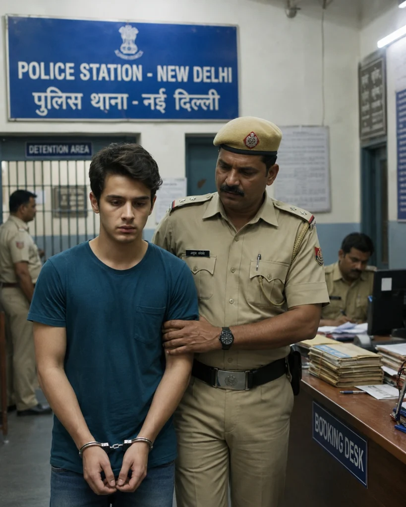 Cinematic police station arrest scene with Indian officers Prompt
