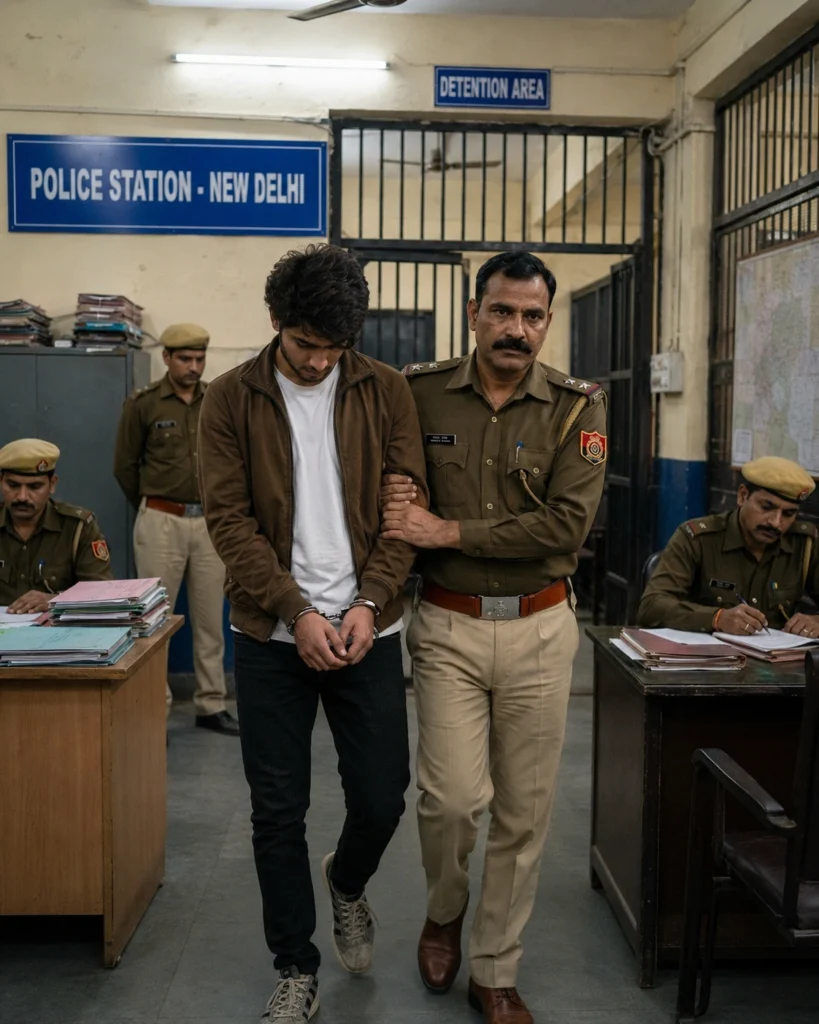 Fictional police station scene with man in handcuffs prompt
