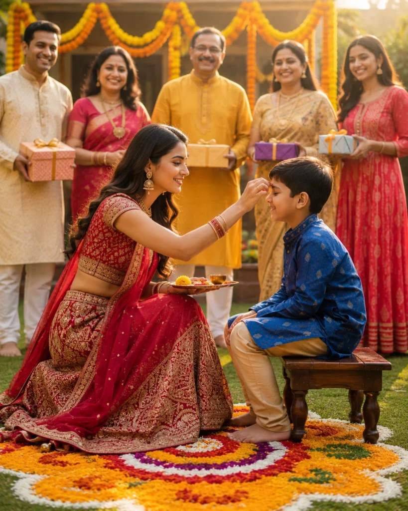 Indian festive tilak ceremony prompt with family and rangoli