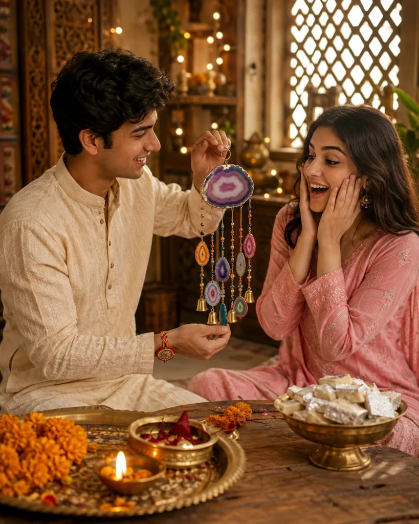 Prompt showing joyful siblings celebrating Raksha Bandhan together