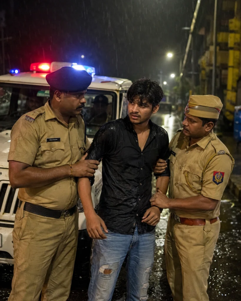 Rainy Night Police Arrest Scene with Cinematic Lighting Prompt