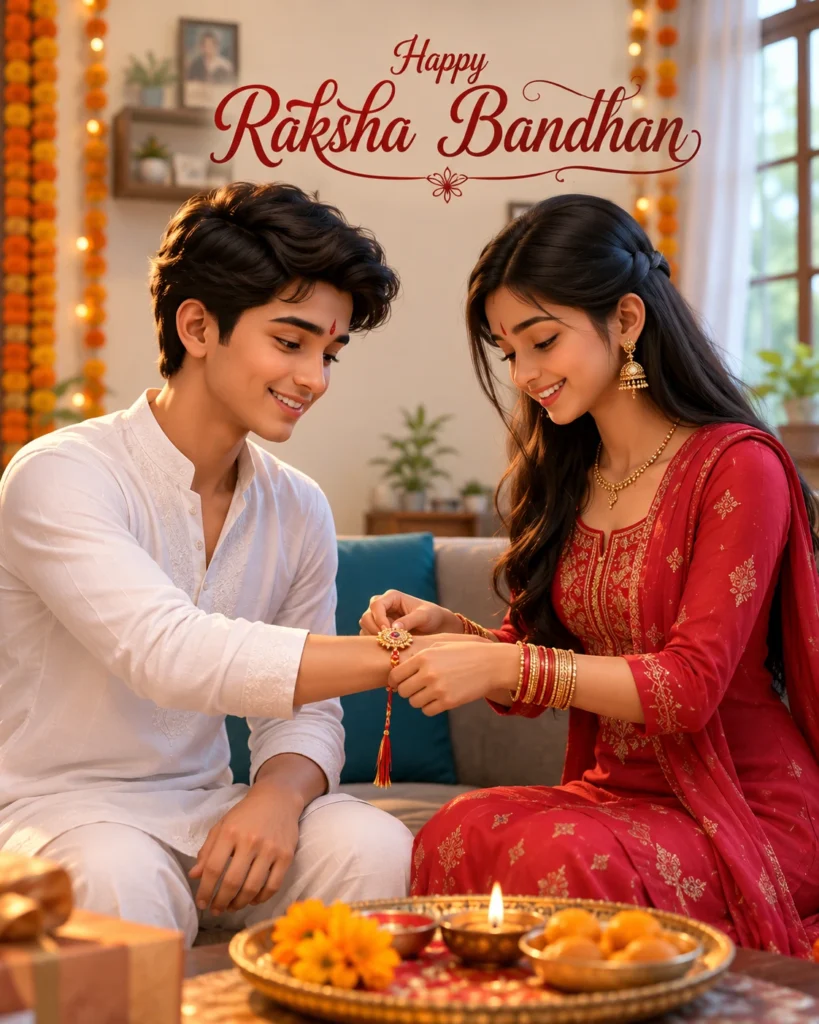 Raksha Bandhan AI photo prompt featuring brother sister celebration