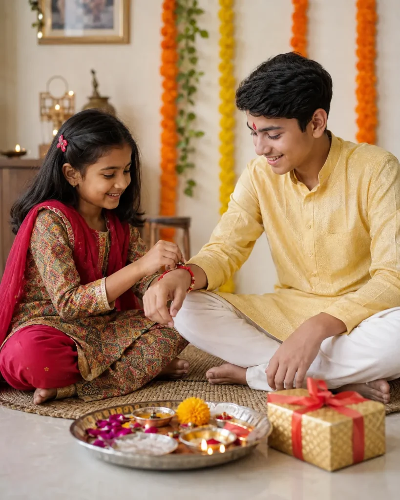 Raksha Bandhan Sister Tying Rakhi AI Prompt Scene