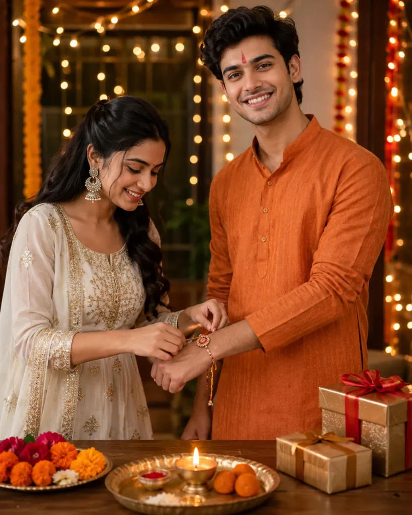 Indian sister tying rakhi on smiling brother.