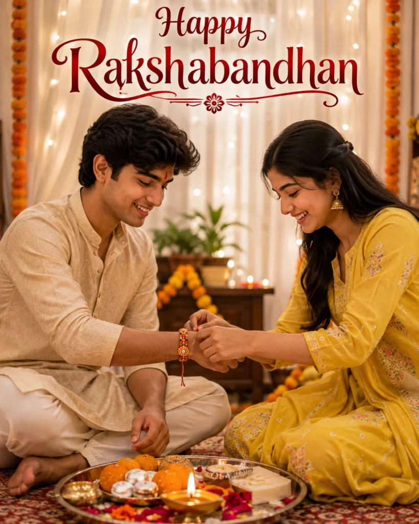 Brother sister tying rakhi during festive Raksha Bandhan celebration