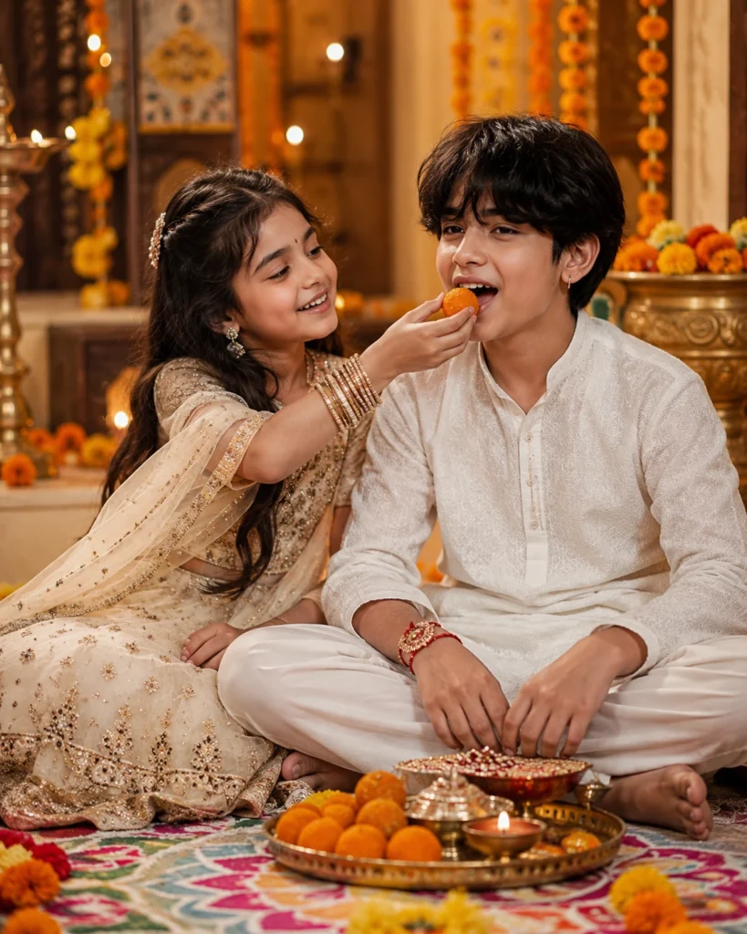 Raksha Bandhan prompt showing siblings sharing a laddu