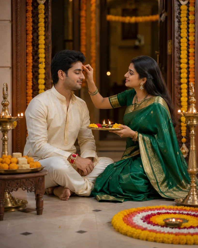 Raksha Bandhan ritual prompt with siblings and festive decorations