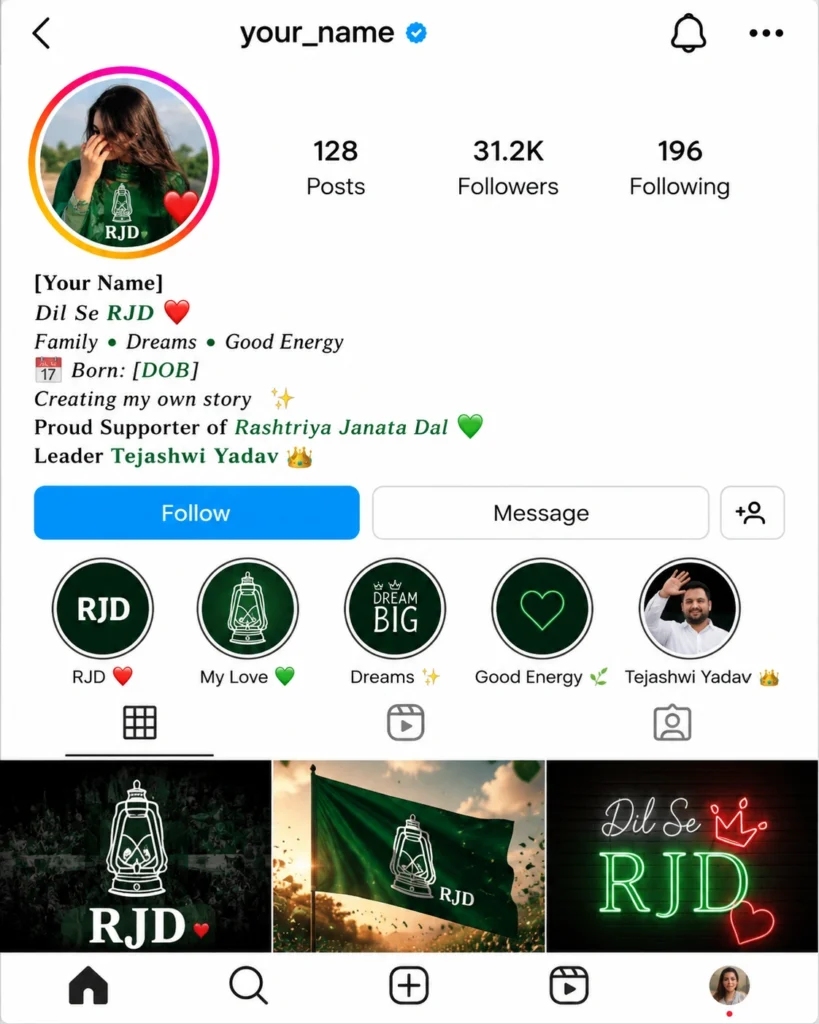 Stylish RJD lover girl Instagram profile bio design