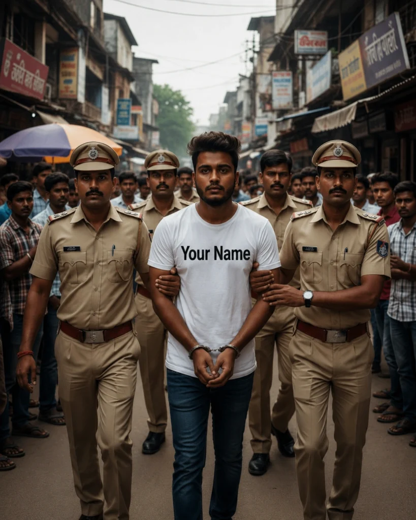 Young man escorted by police officers in market prompt