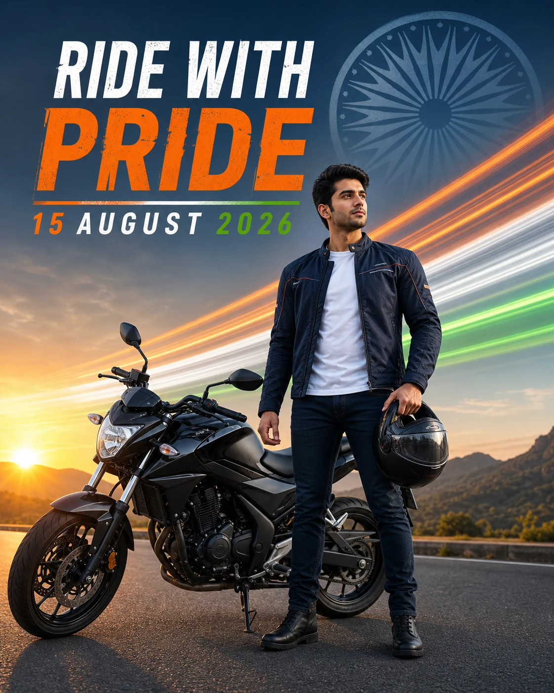 Bike rider standing beside a motorcycle on an Independence Day poster