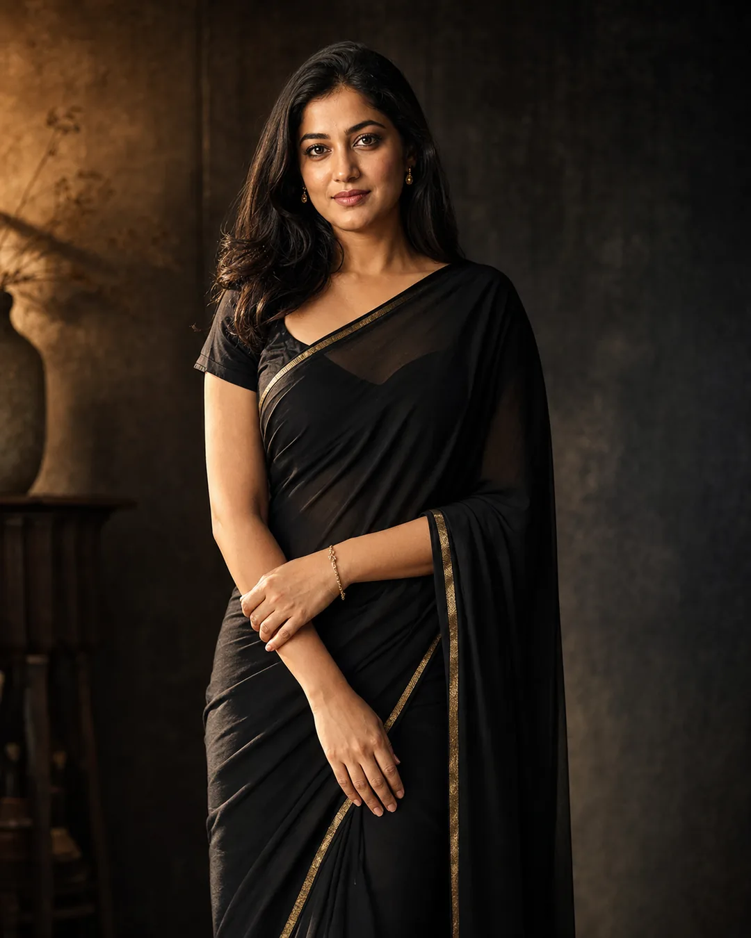 Adult Indian woman in an elegant black saree with cinematic side lighting