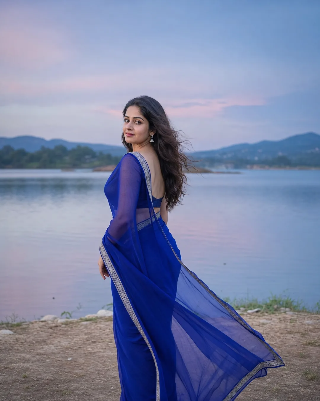 Adult Indian woman in a royal blue chiffon saree beside a calm lake