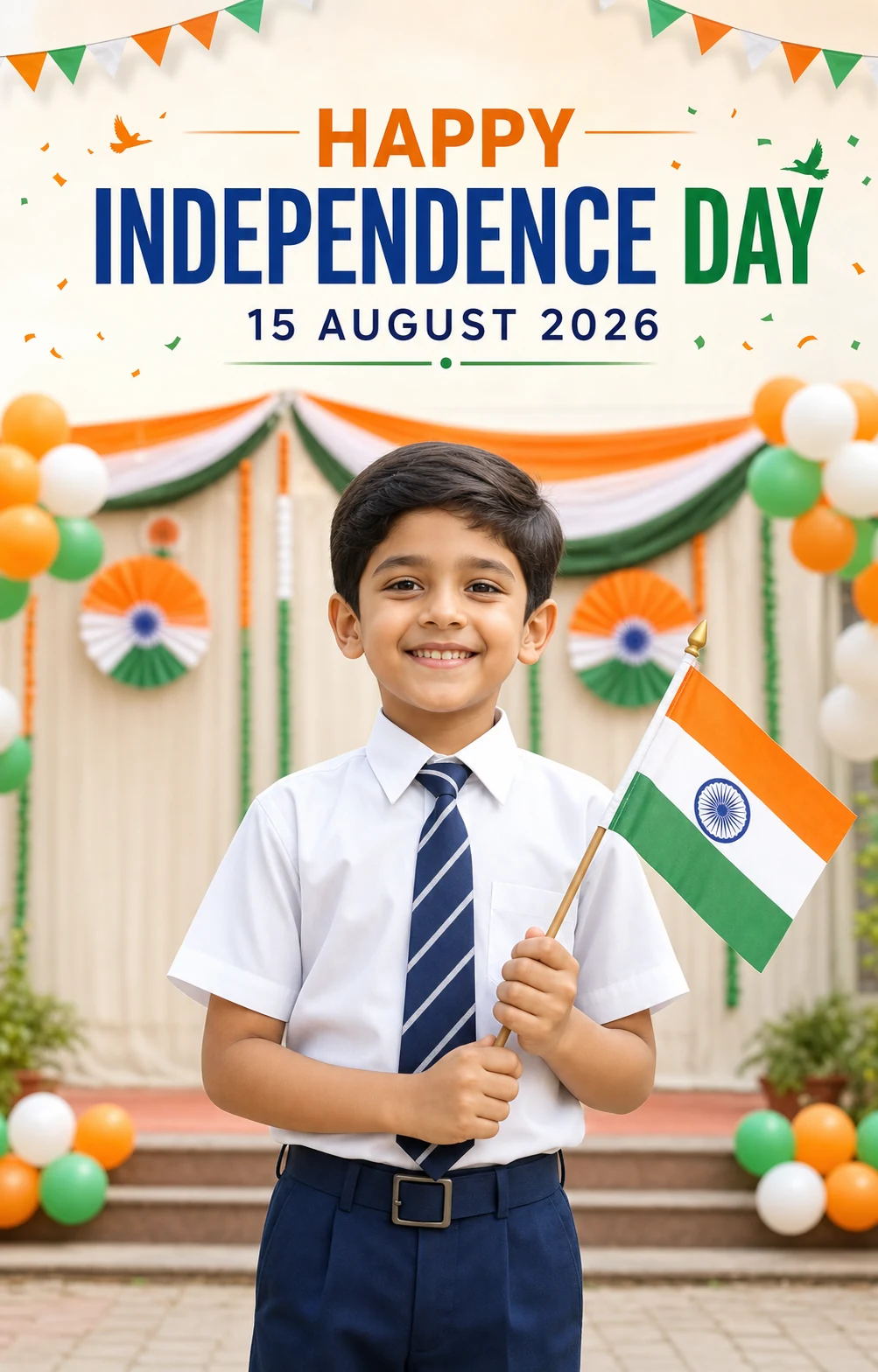 Child holding the Indian flag on a decorated school ground