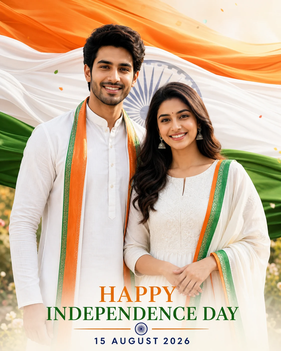 Indian couple in coordinated traditional outfits on a Tiranga poster