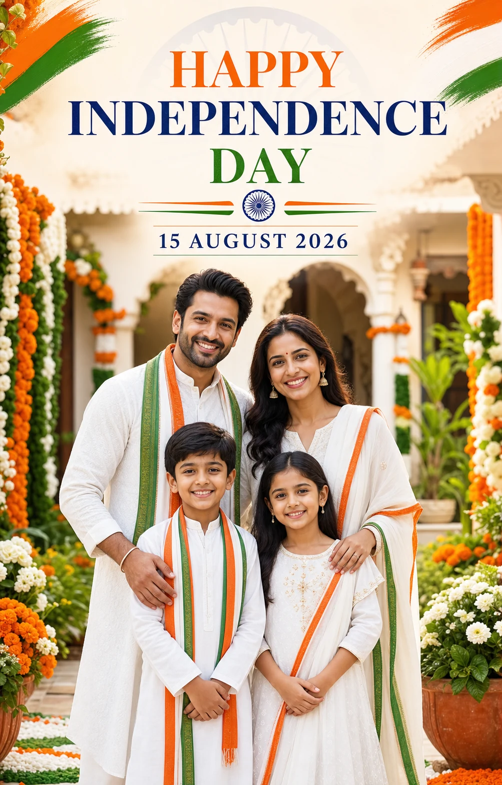 Indian family in coordinated white outfits on an Independence Day greeting poster