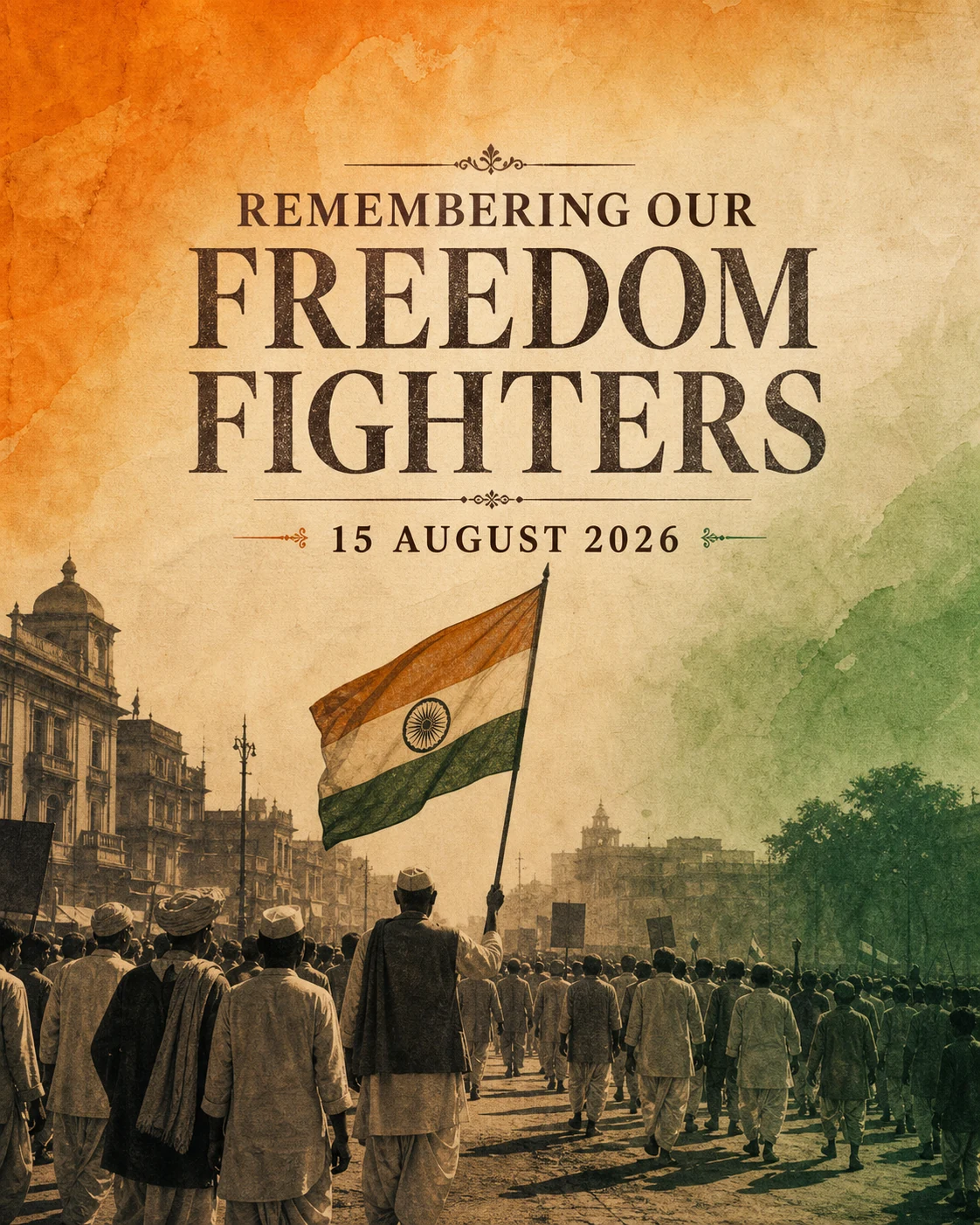 Freedom fighters tribute poster with archival march silhouettes