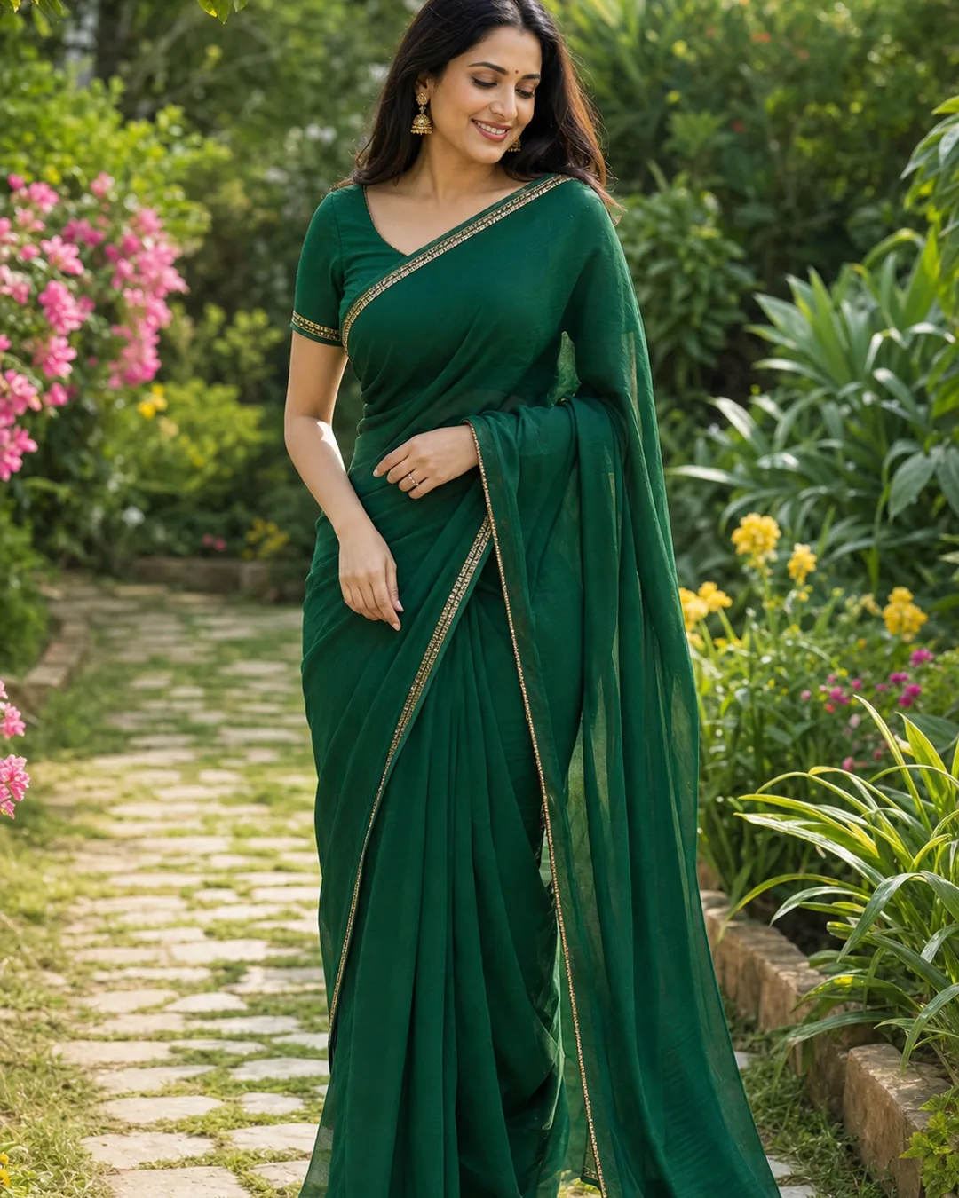 Adult Indian woman wearing an emerald green saree in a garden