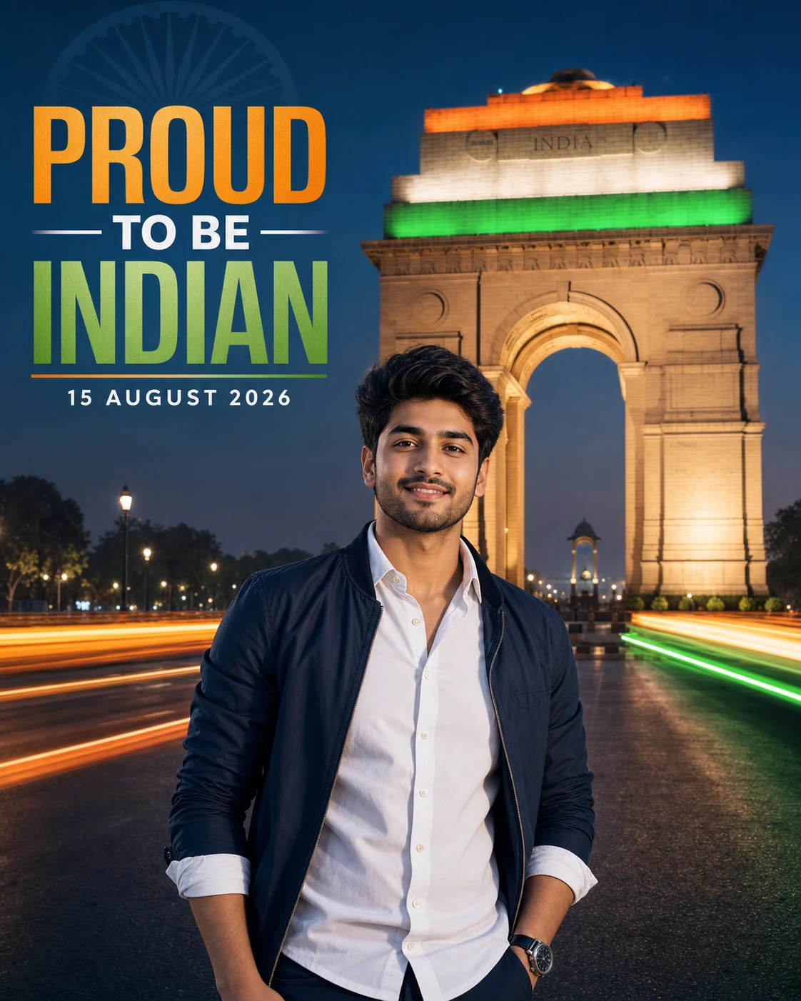 Creator standing near India Gate in a cinematic Independence Day poster