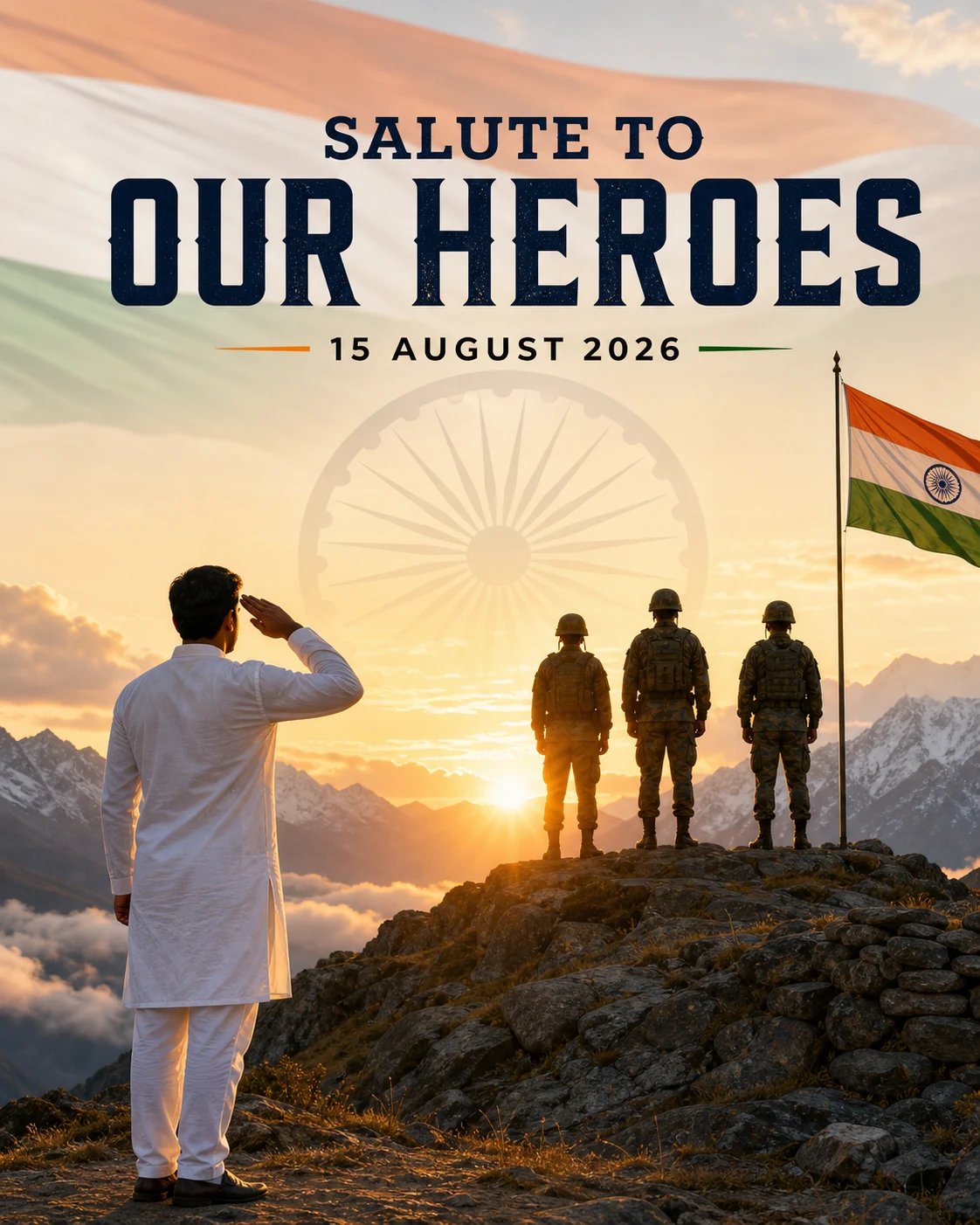 Civilian saluting Indian soldiers in an Independence Day tribute poster