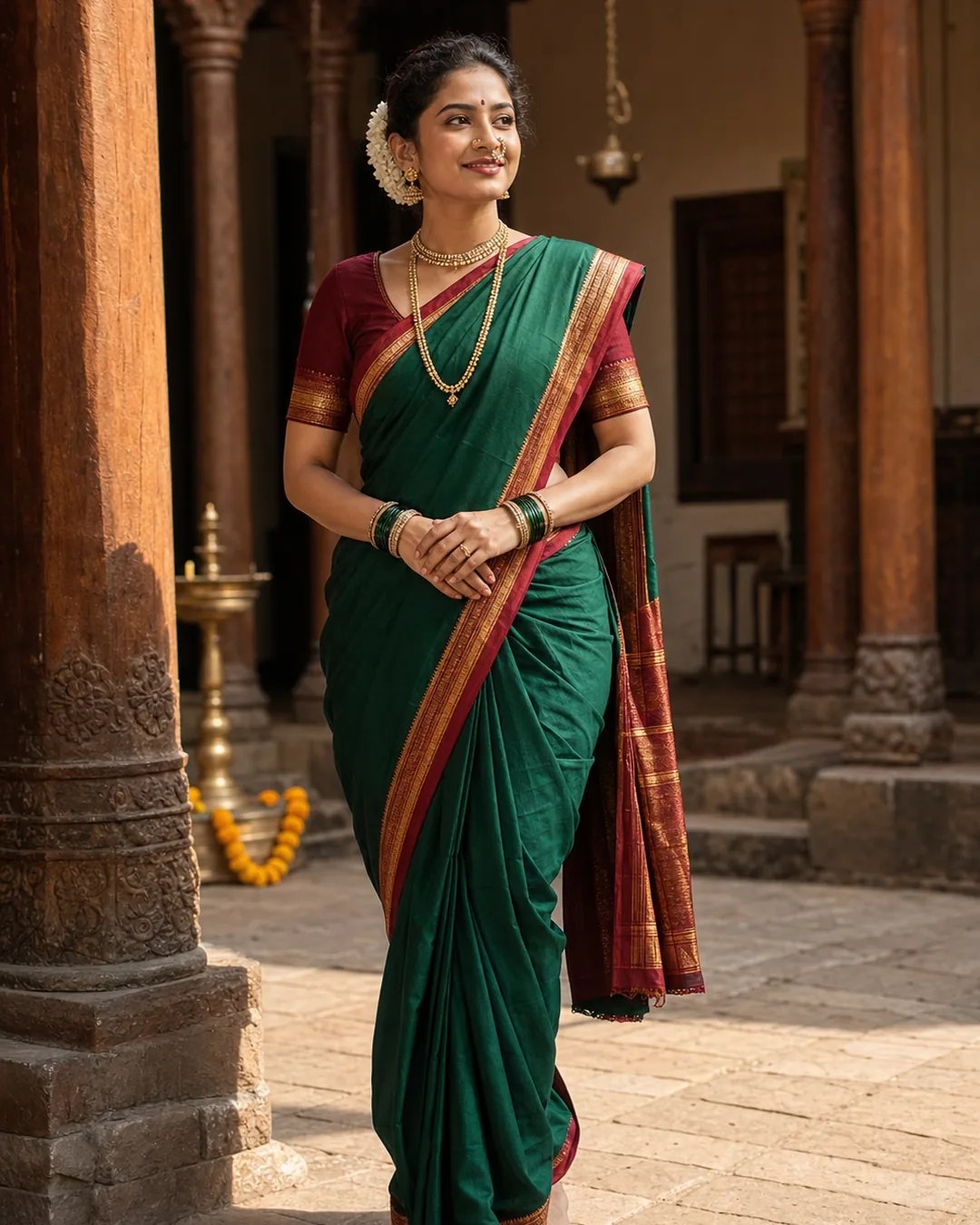 Adult Indian woman in a green Maharashtrian Nauvari saree in a wada courtyard