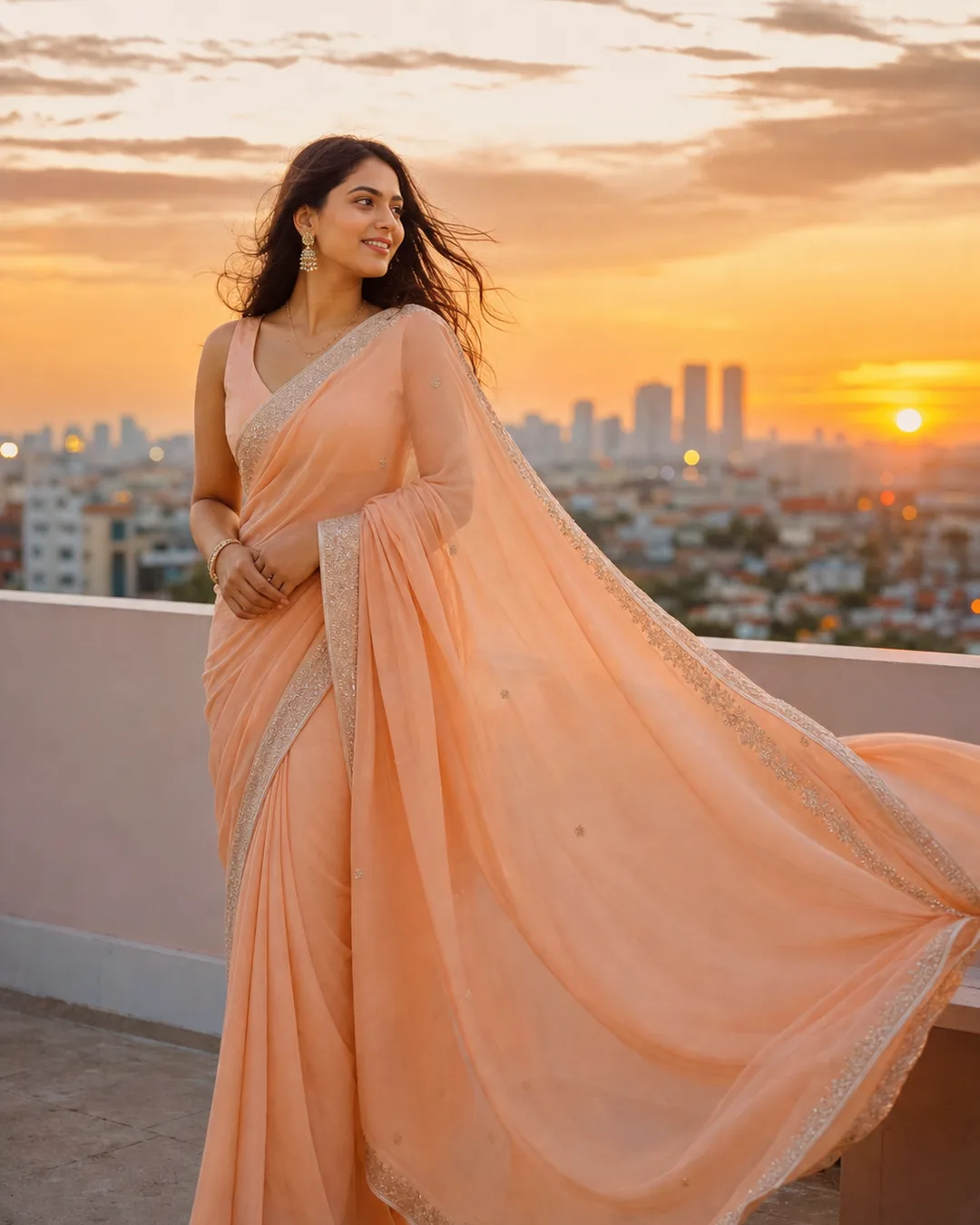 Adult Indian woman in a peach saree on a rooftop at golden hour