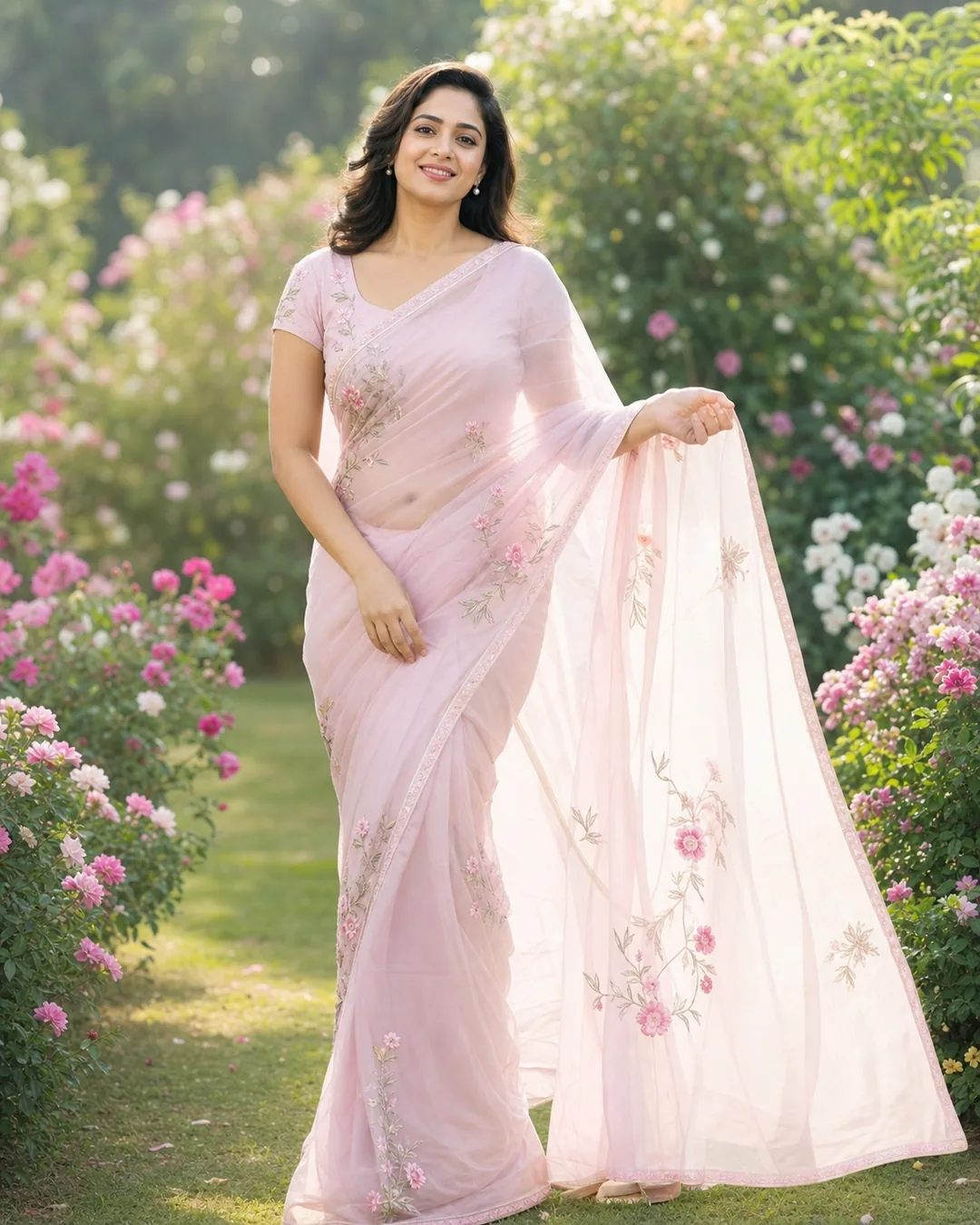 Adult Indian woman in a pink organza saree posing in a flower garden