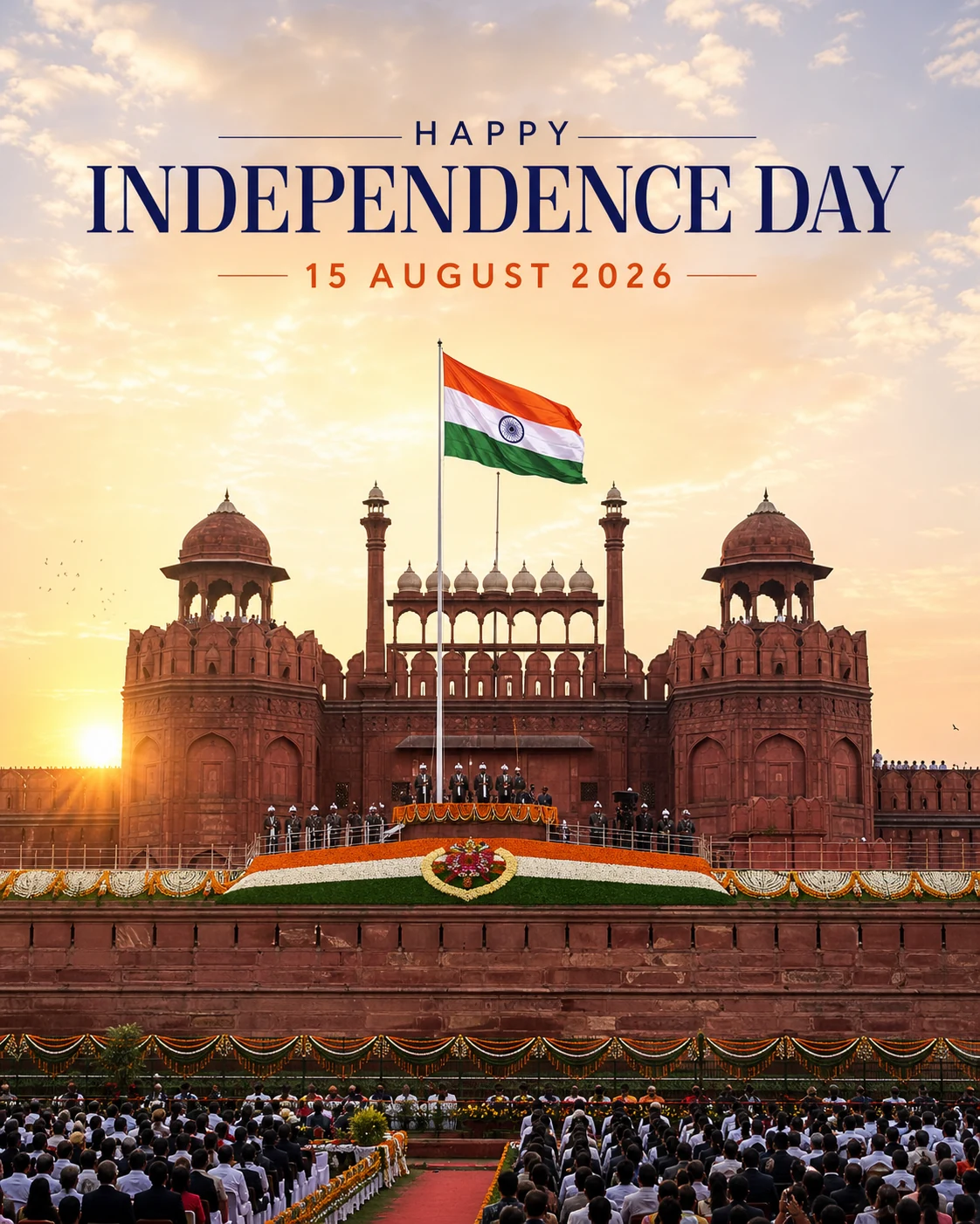 Red Fort flag-hoisting scene on an Independence Day poster