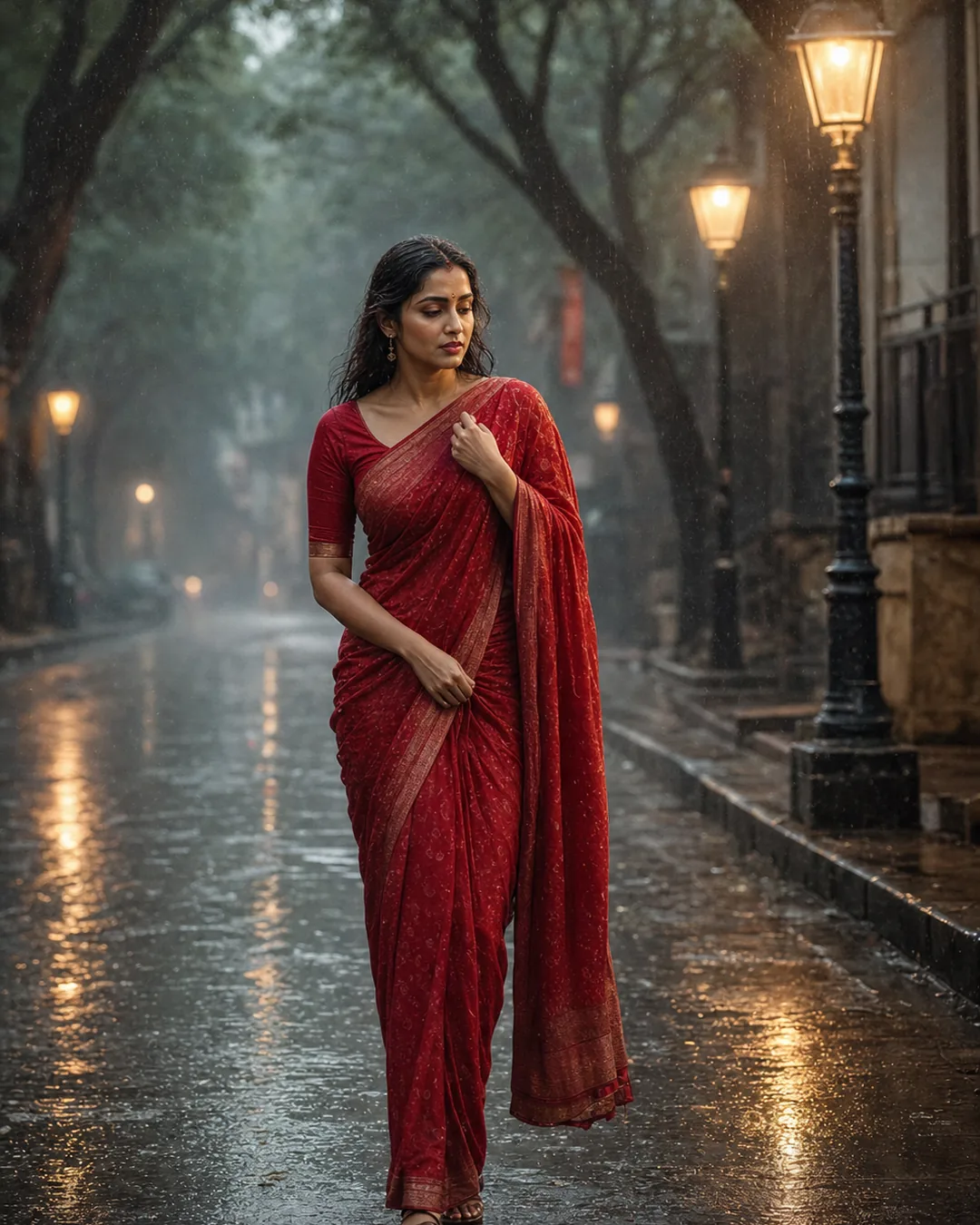 Adult Indian woman in a red saree on a rainy street with vintage lamps