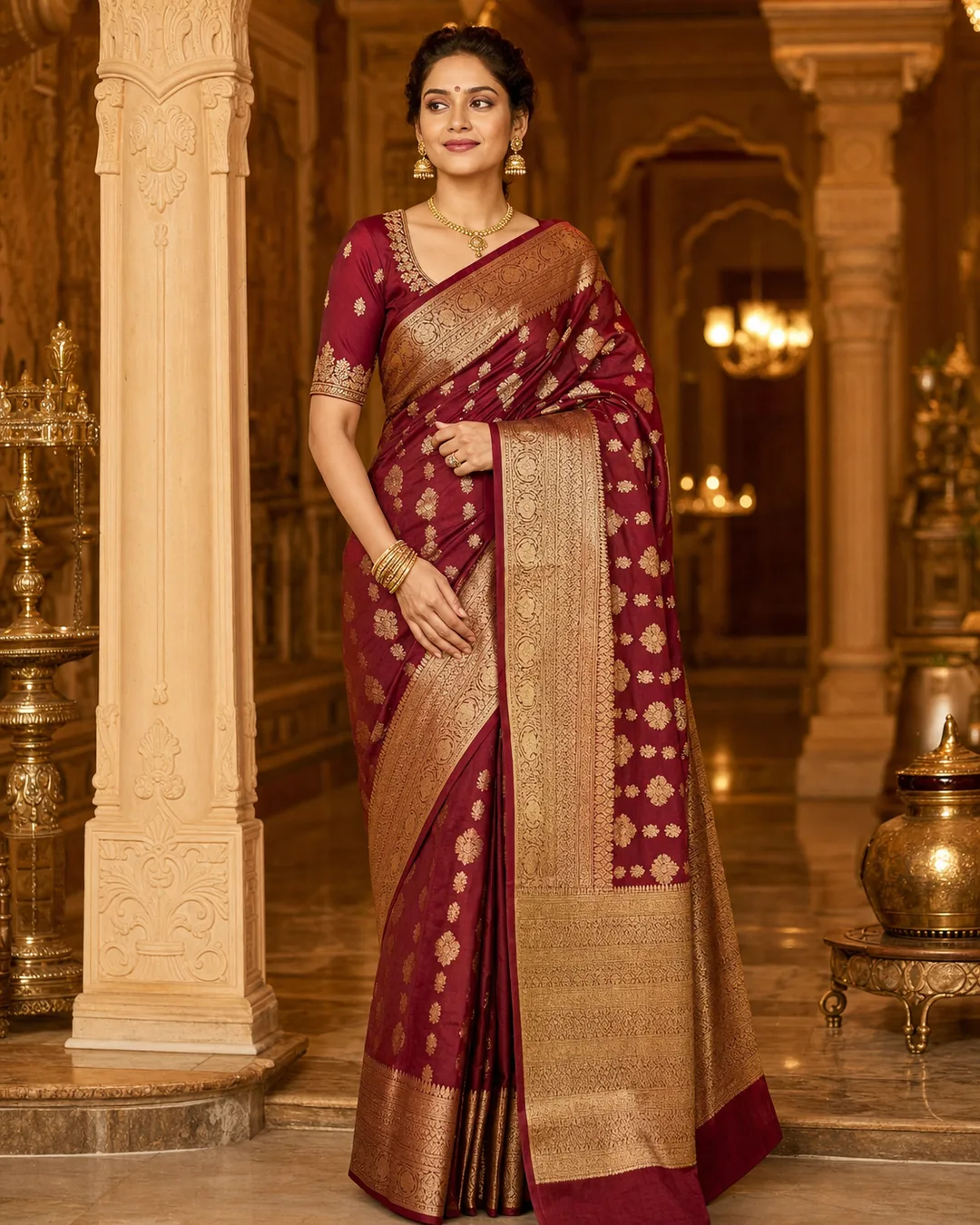 Adult Indian woman in a maroon Banarasi saree inside a royal palace