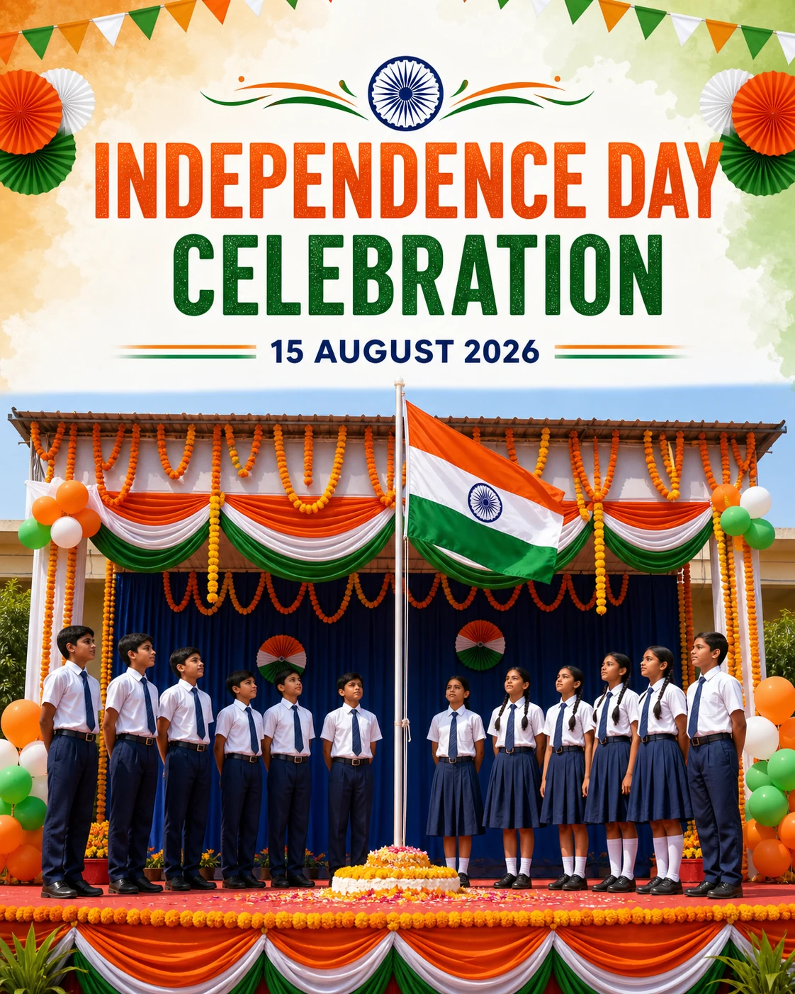 School Independence Day celebration event poster with flag-hoisting stage