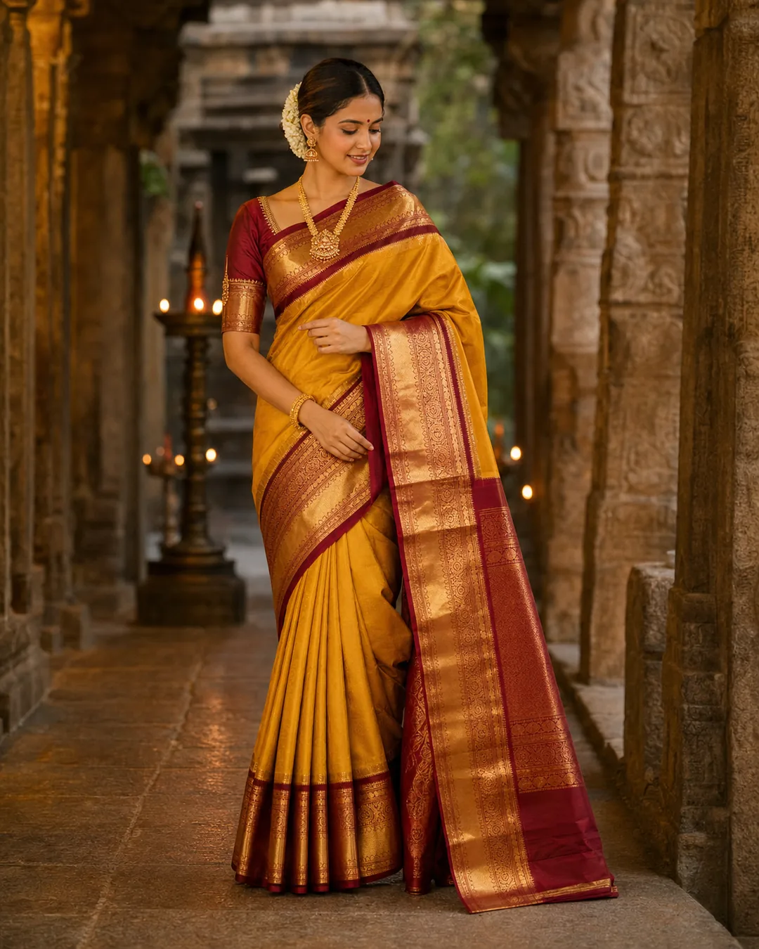 Adult Indian woman in a mustard and maroon Kanjivaram saree at a temple
