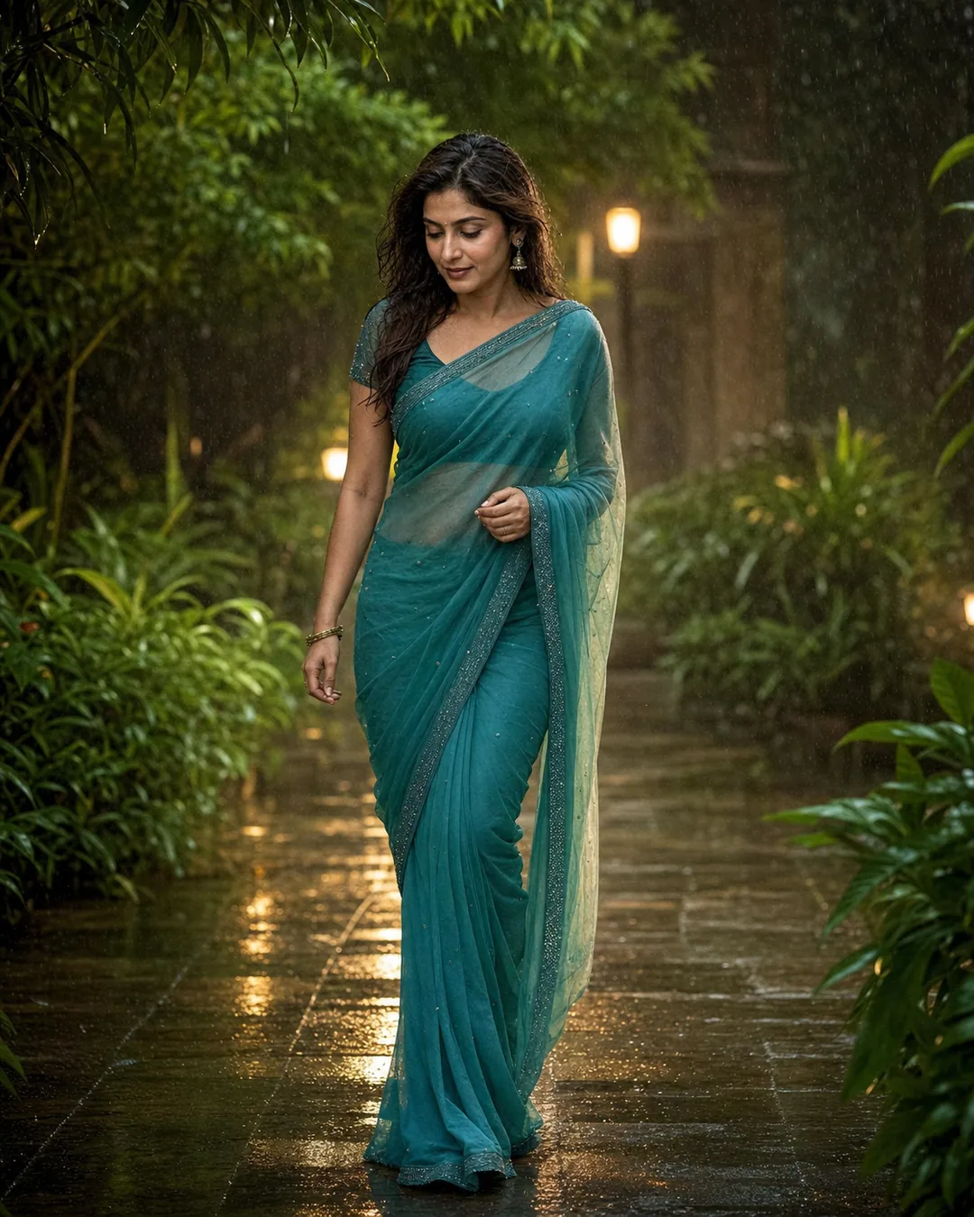 Adult Indian woman in a teal saree walking on a garden path in rain