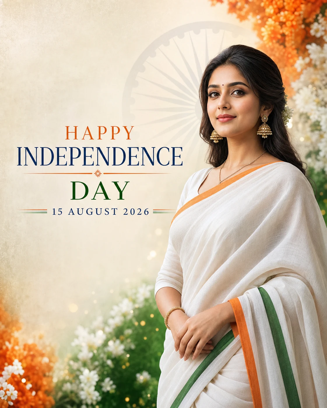 Traditional Indian woman in a white saree on an Independence Day poster